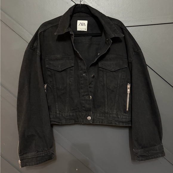 Zara Black Denim Jacket ZW Zippered - Picture 5 of 7